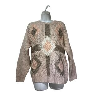 SML Sport Hand Knit Sweater M Pink Beige Brown Geometric Boho Chunky Pullover